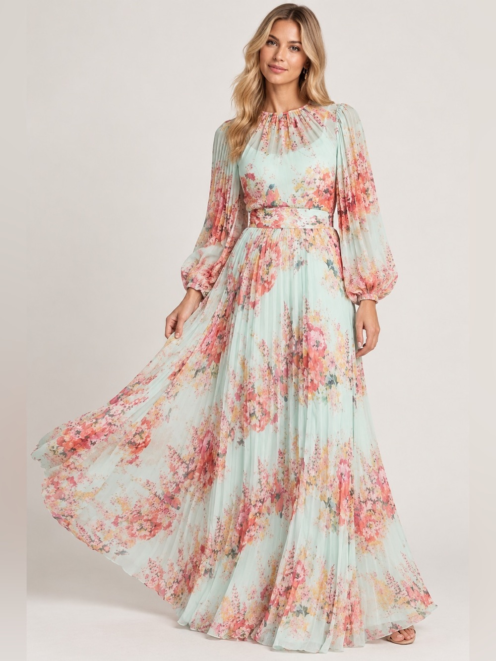 Teri Jon by Rickie Freeman Floral Pleated Chiffon Maxi Gown Size 2